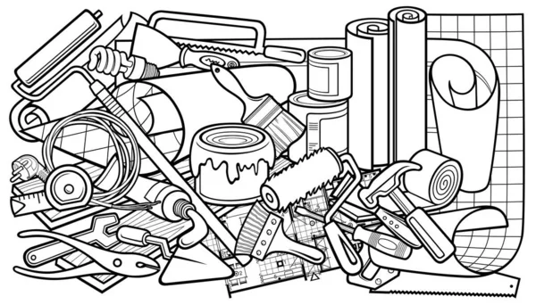 Desenhos animados doodle mão desenhada casa reparação ilustração —  Vetores de Stock