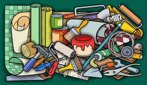 Cartoon doodle disegnato a mano casa riparazione illustrazione — Vettoriale Stock