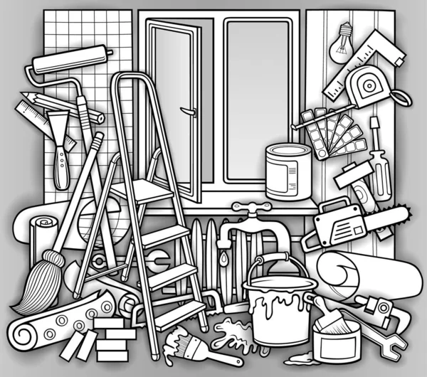 Dessin animé doodle dessiné à la main illustration de réparation de maison — Image vectorielle