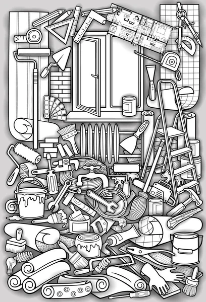 Cartoon doodle hand getrokken huis reparatie illustratie — Stockvector
