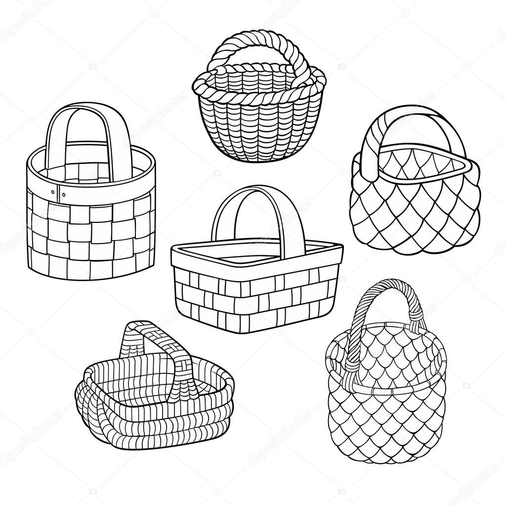 Set of cartoon vector hand drawn baskets