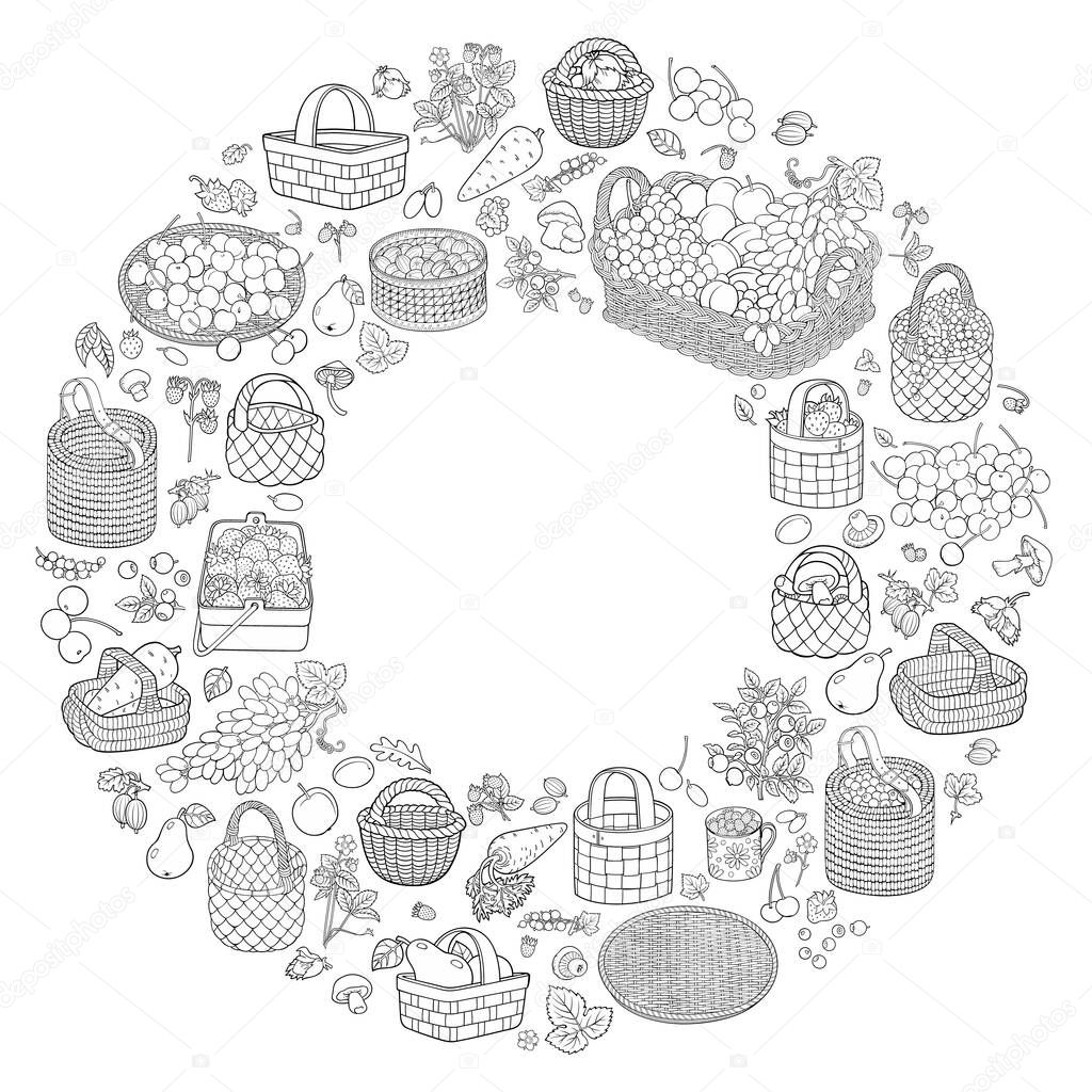 A lot of fruits, vegetables and berries in baskets