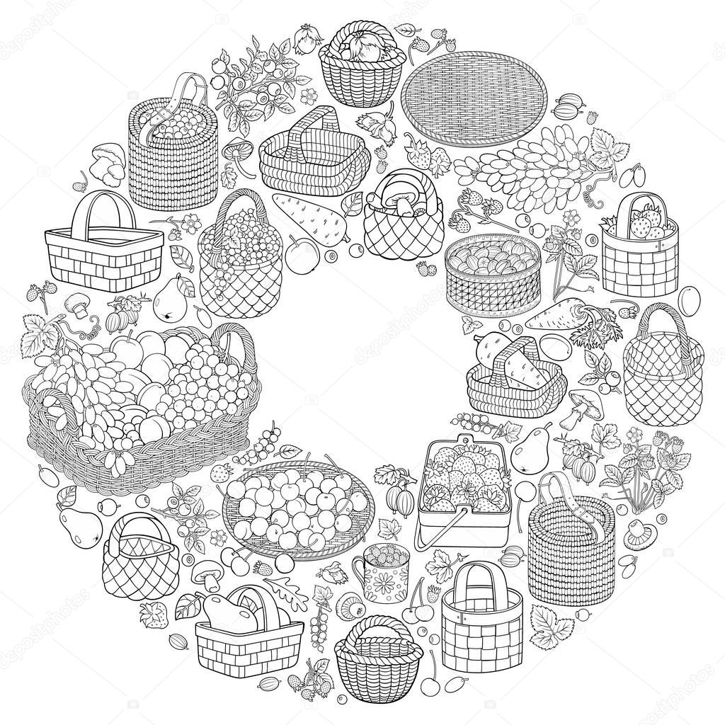 A lot of fruits, vegetables and berries in baskets