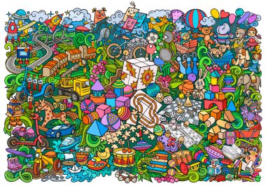 Çizgi film sevimli karalamalar el çizimi çocuklar oyuncaklar çizimi