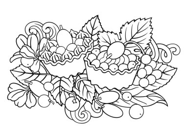 Meyveler, böğürtlenler, tatlılar elle çizilmiş resimler.