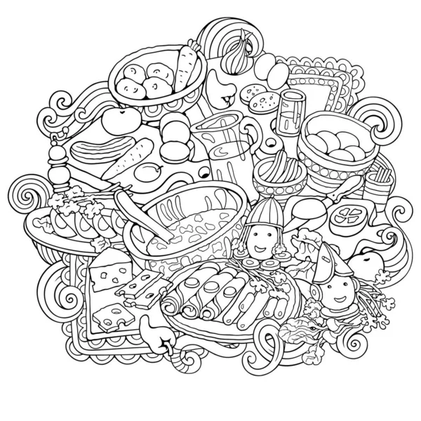Alimentação desenho mão vetor doodles ilustração — Vetor de Stock