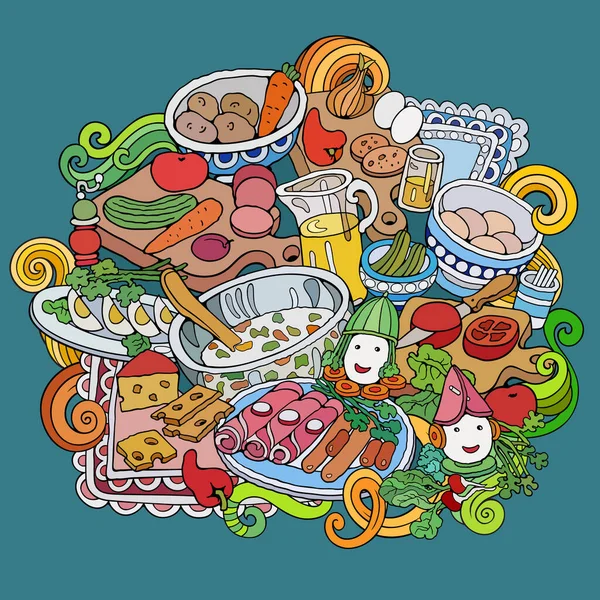 Alimentação desenho mão vetor doodles ilustração — Vetor de Stock