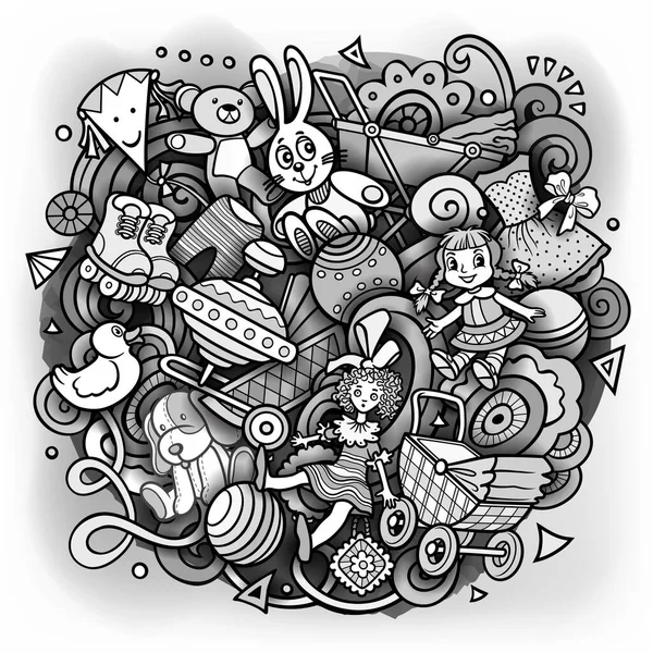 Desenhos animados bonito doodles crianças brinquedos ilustração. — Vetor de Stock
