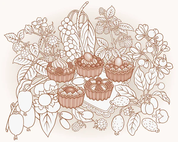 Süßigkeiten, Beeren, Früchte handgezeichnete Illustration — Stockvektor