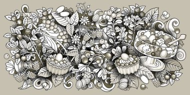 Meyveler, böğürtlenler, tatlılar elle çizilmiş resimler.