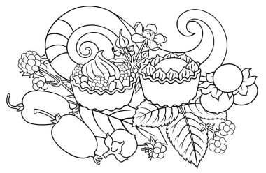 Meyveler, böğürtlenler, tatlılar elle çizilmiş resimler.