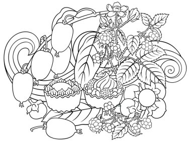 Meyveler, böğürtlenler, tatlılar elle çizilmiş resimler.