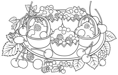 Şekerler, böğürtlenler, meyveler elle çizilmiş resimler