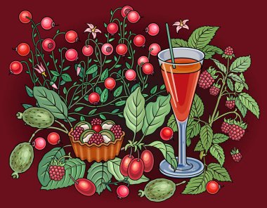Meyve suyu, böğürtlen, tatlılar elle çizilmiş resimler.