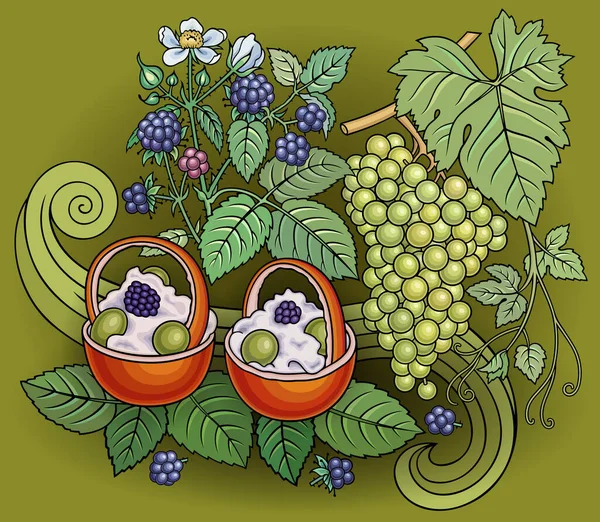 Uvas, moras, dulces garabatos ilustración — Vector de stock