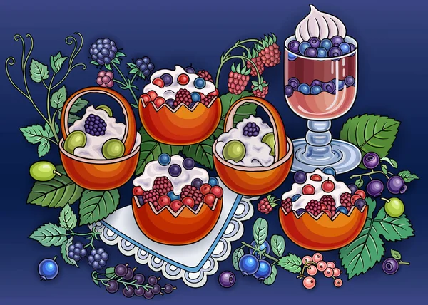 Dulces, bayas, frutas ilustración dibujada a mano — Vector de stock