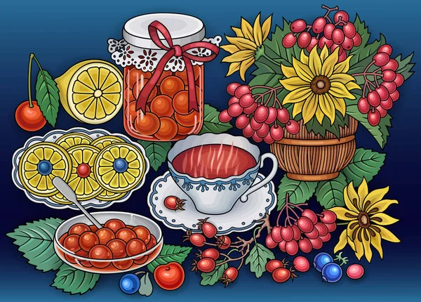 Sweets, bessen, fruit, dranken illustratie — Stockvector