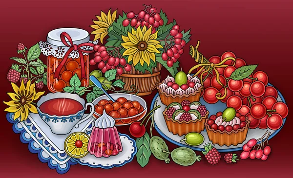 Sweets, bessen, fruit, dranken illustratie — Stockvector