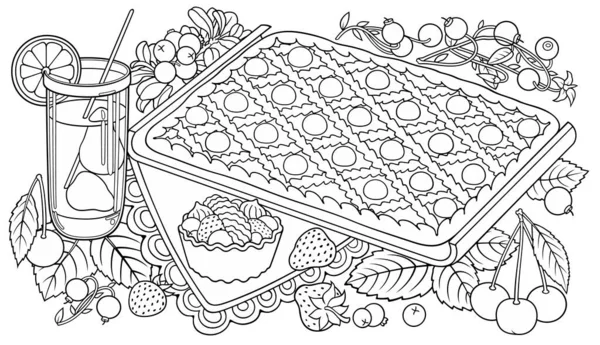 Koláč, bobule, ovoce ručně kreslené ilustrace — Stockový vektor