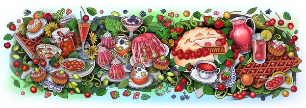 Édességek, bogyók, gyümölcsök, italok illusztrációja — Stock Vector