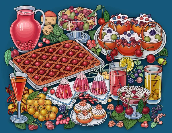 Doces, bagas, frutas, bebidas ilustração — Vetor de Stock