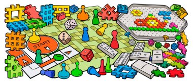 Çizgi film sevimli karalamalar çocuklar oyuncaklar ve masa oyunları