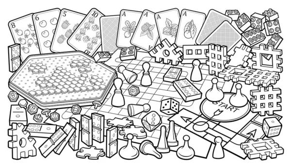 卡通可爱的涂鸦儿童玩具和棋盘游戏 — 图库矢量图片