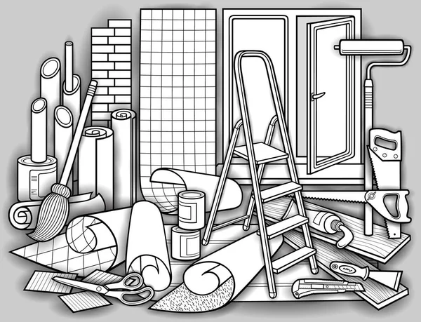 Cartoon doodles huis reparatie illustratie — Stockvector