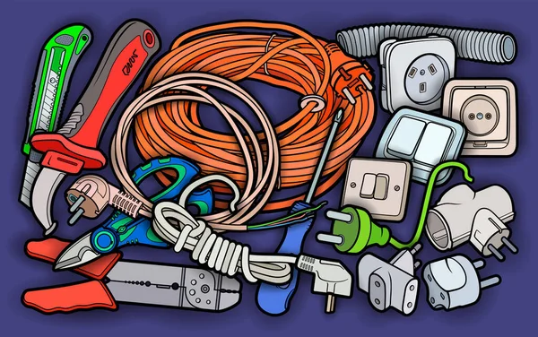 Cartoon doodle strumenti elettrici illustrazione — Vettoriale Stock