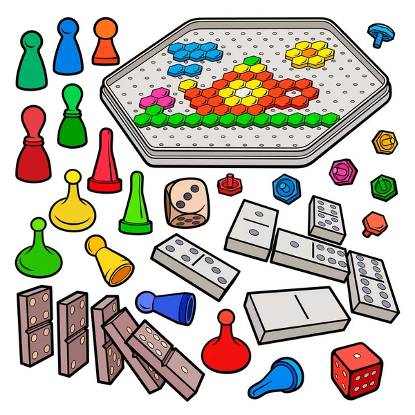 Dibujos animados garabatos juegos de mesa objetos establecidos — Vector de stock