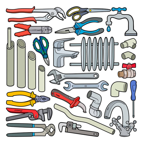 Cartoon doodles plumbing instruments objects set