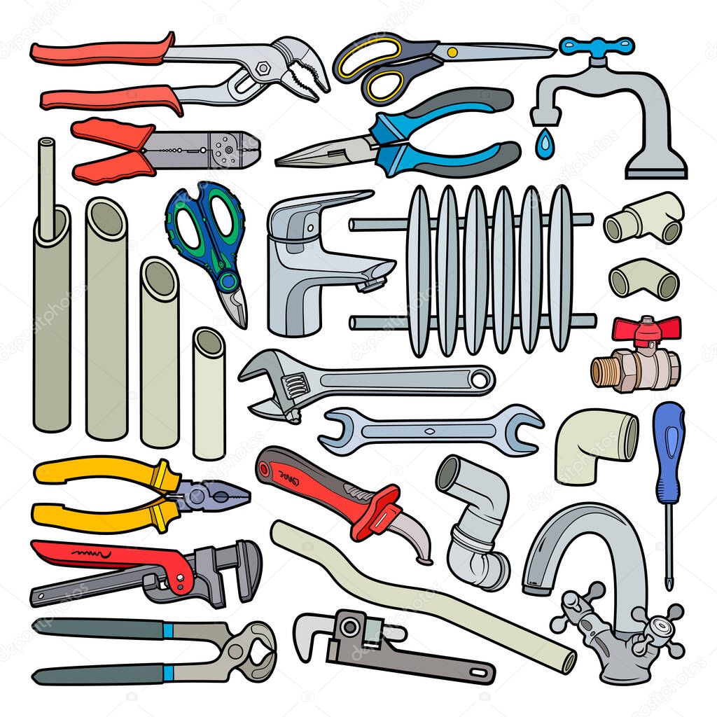 Cartoon doodles plumbing instruments objects set