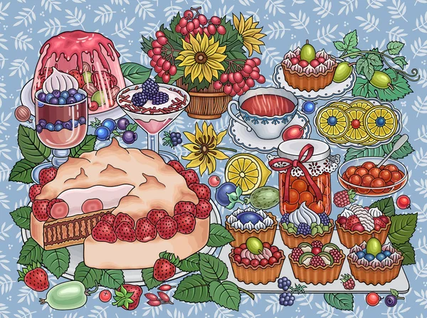 Kuchen, Beeren, Früchte handgezeichnete Illustration — Stockvektor