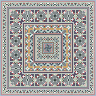 Soyut etnik geometrik süslemeleri olan renkli vektör mozaik kilim.