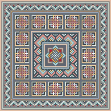 Soyut etnik geometrik süslemeleri olan renkli vektör mozaik kilim.
