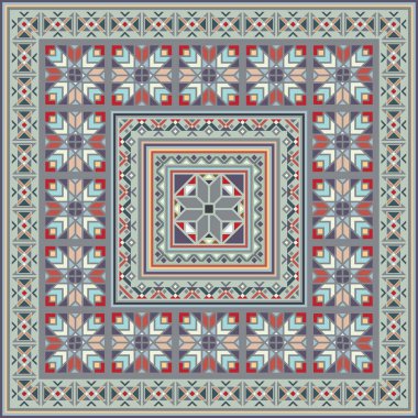 Soyut etnik geometrik süslemeleri olan renkli vektör mozaik kilim.