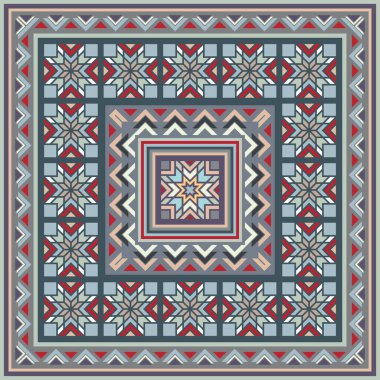 Soyut etnik geometrik süslemeleri olan renkli vektör mozaik kilim.