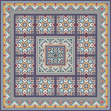 Soyut etnik geometrik süslemeleri olan renkli vektör mozaik kilim.