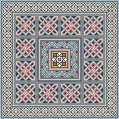 Soyut etnik geometrik süslemeleri olan renkli vektör mozaik kilim.