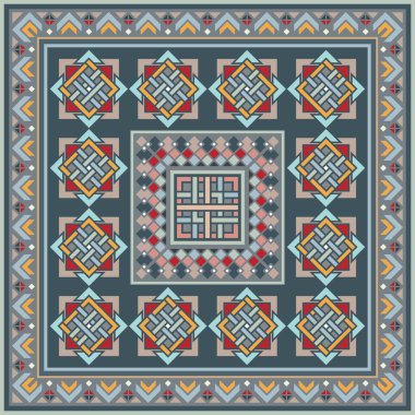 Soyut etnik geometrik süslemeleri olan renkli vektör mozaik kilim.