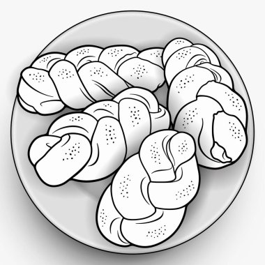 Tabaktaki çörekler çizilmiş vektör çizimleri. Fırın elemanları ve nesnelerin çizgi film arka planı. Komik fırın resmi