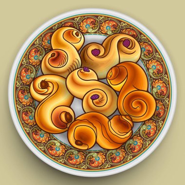 Tabaktaki çörekler çizilmiş vektör çizimleri. Fırın elemanları ve nesnelerin çizgi film arka planı. Komik fırın resmi