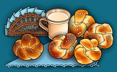 Çörekler, süt, peçeteler elle çizilmiş vektör çizimi. Fırın objeleri ve karikatür arka planı. Parlak renkler, komik yemek resmi