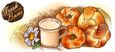 Çörekler, çiçekler, el sütü çizimi vektör karalama çizimi. Fırın objeleri ve karikatür arka planı. Parlak renkler, komik yemek resmi