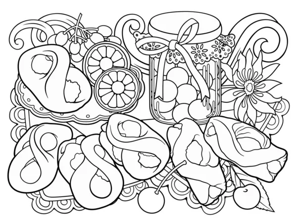 Булочки Цветок Джем Лимон Композиции Салфеток Ручной Рисунок Векторных Каракулей — стоковый вектор