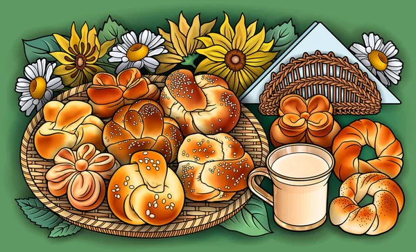 Bollos Flores Leche Servilletas Dibujado Mano Vector Garabato Ilustración Panadería — Archivo Imágenes Vectoriales