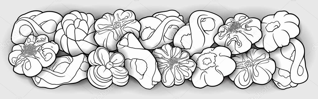 Buns and pastries hand drawn vector doodle line art illustration. Bakery objects and elements cartoon horizontal background.
