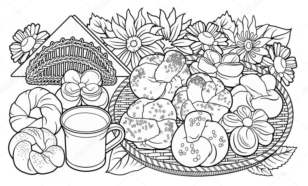 Buns, flowers, milk, napkins hand drawn vector doodle illustration. Bakery objects and elements cartoon background. Line art funny food picture