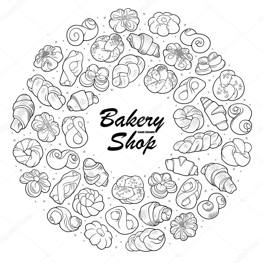 Buns and pastries hand drawn doodle colorful illustration. Bakery objects and elements cartoon round frame. Vector background.