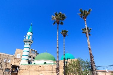 İsrail 'in Akre şehrinde kubbeli, minareli ve palmiye ağaçlı El-Zeituna Camii